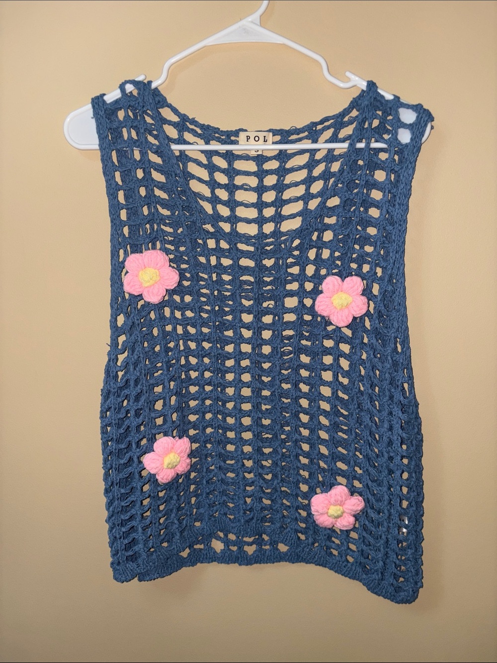 POL Navy Crochet Mesh Tank with Pink Flower Appliqués
